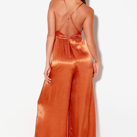 Rust Orange Satin Wide-Leg Jumpsuit - Picture 12 of 12